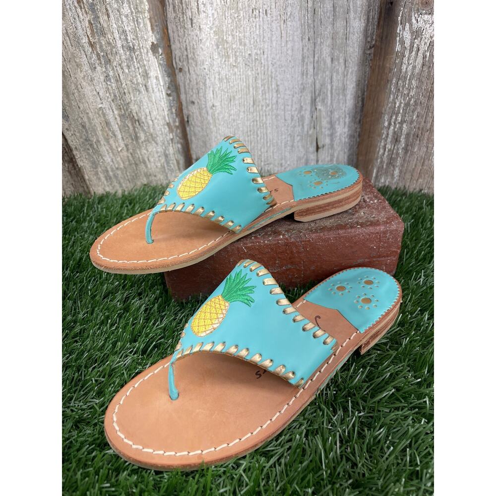 Jack Rogers Pineapple Teal Gold Thong Sandal Made Dominican Republic Women's 5.5 - Picture 2 of 9